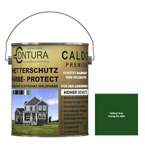 Contura Wetterschutzfarbe 2,5 Liter Holz Dauerschutzfarbe Deckend Buntlack Holzfarbe Holzlasur Seidenmatt (Holland Grün - RAL 6002 Analog)