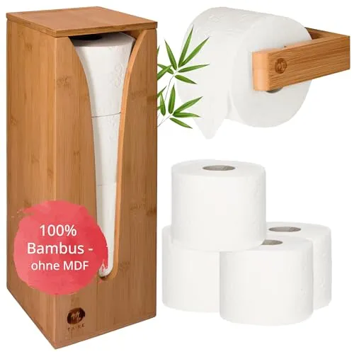 TAKE® Ersatzrollenhalter Toilettenpapier Aufbewahrung [4 Rollen] + inkl. Toilettenpapierhalter Holz für die Wand I Platzsparende Klopapier Aufbewahrung aus 100% Natur Bambus I Klorollenaufbewahrung