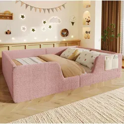 Polsterbett Aus Velours Rosa 140x190 Cm Mit Abnehmbaren Sicherheitsgittern Und Aufbewahrungstasche