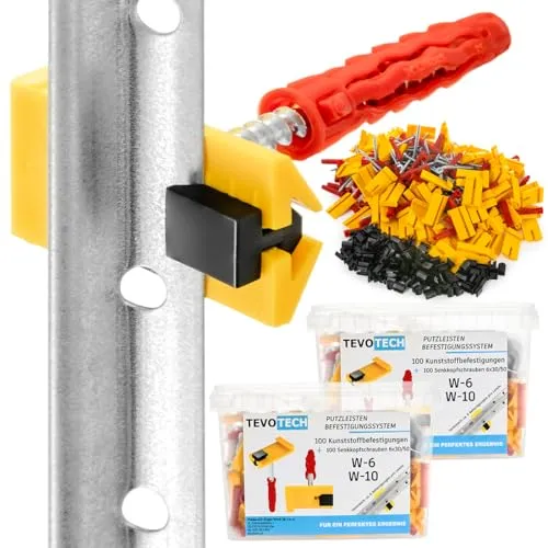 Schnellputzprofil Clips System 200 Stück mit Dübel - Effizientes Befestigungssystem für Putzleisten: 200 hochwertige Clips und Dübel, ideal für präzise Montage und zeitsparende Anwendungen bei Bau- und Renovierungsprojekten.