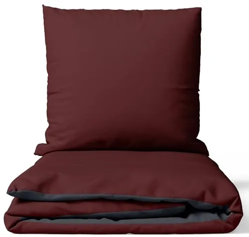 Leonado Vicenti Hochwertige Feinbiber Bettwäsche Silber/Bordeaux 155x220 cm - 100% Baumwolle, Einfarbig und Wendbar, Bettbezug mit verdecktem Reißverschluss