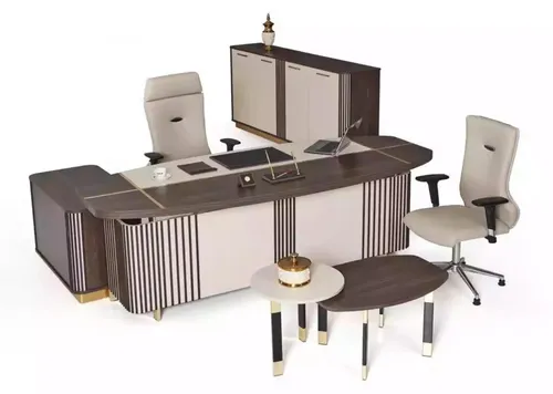 Moderne Büromöbel-Garnitur 3tlg. für Ihr Arbeitszimmer - Elegante 3-teilige Büromöbel-Garnitur in Beige, bestehend aus einem Chefschreibtisch, einem Couchtisch und einem Büroschrank. Ideal für stilvolle Arbeitsräume.