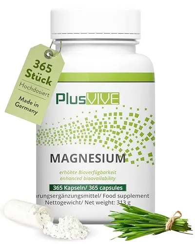 PlusVive hochdosierte Magnesium Kapseln 365 Stück - Magnesiumpräparate mit 700mg Magnesium Hydroxid pro Kapsel aus Meerwasser, vegan und laborgeprüft für optimale Bioverfügbarkeit und Wohlbefinden.