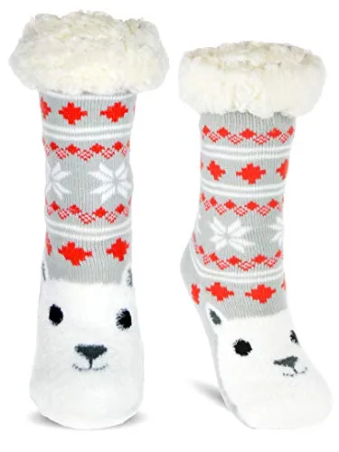 Frostfighter Damen Kuschelsocken mit ABS Sohle (1x Paar) Hüttensocken Wintersocken mit Anti Rutsch Noppen (Grau - Eisbär, 36-41)