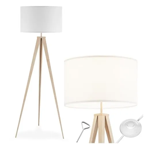 tectake® Dreibein Stehlampe im Retro Boho Stil - Standleuchte im skandinavischen Design mit großem Lampenschirm in Leinenoptik für gemütliches Ambient Light. Ideal für Wohnzimmer oder Schlafzimmer, sorgt für einladende Atmosphäre.