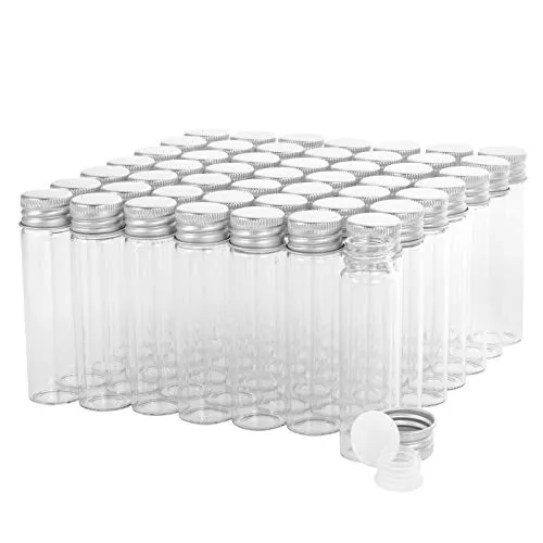 20ml Glasfläschchen mit Schraubverschluss und Kunststoffstopfen, Transparent Kleine Glasflaschen Auslaufsichere Glas Fläschchen für Flüssigkeit Pulver Proben und kleinen Gegenständen, 50 Stück