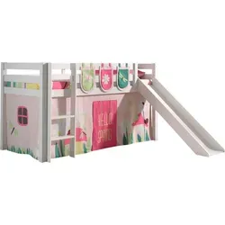 Kinderbett mit Rutsche Karolina aus Massivholz in Weiß - Modernes Spielbett mit Rutsche und Textilset 'Spring'. Stabil und sicher mit umlaufendem Absturzschutz. Perfekt für kreative Nächte und Abenteuer im Kinderzimmer!