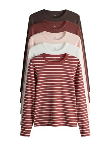 THE SET Damen t gerippte Langarmshirts 5er-Pack in Braun/Pink/Weiß/Stripe