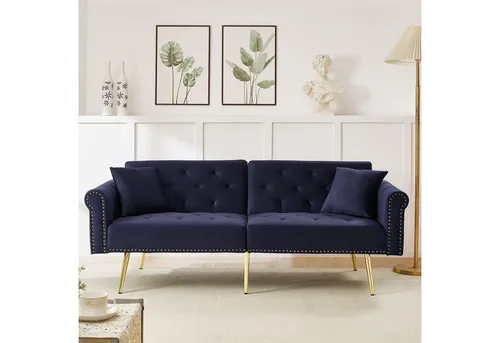 Elegantes 2-Sitzer-Schlafsofa – Samtbezug, verstellbare Rückenlehne & vergoldete Metallfüße für kleine Räume