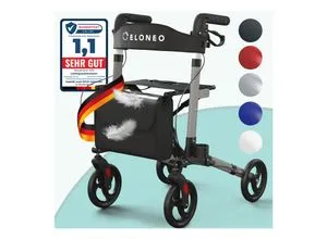 ELONEO Rollator faltbar und leicht mit Sitz, Leichtgewicht-Reiserollator aus Aluminium, Gehhilfe 8-fach höhenverstellbar, Laufhilfe 3-fach faltbar für Kofferraum, Tasche & Schirmhalter Anthrazit