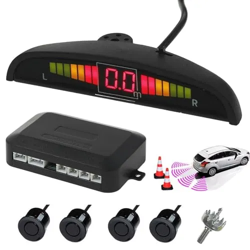 SGHFUVE Einparkhilfe 12V Auto Hinten Rückwärts Einparken 4 Sensoren Rückfahr-Audio-Summer-Alarm-Kit LCD-Display, Silber Parksensoren(Schwarz)