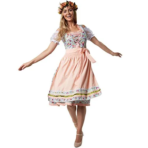 dressforfun Midi-Dirndl 950029 - Dirndl für Damen, halblang mit farbenprächtigem Blumenmuster und filigraner Schnürung, perfekt für festliche Anlässe.