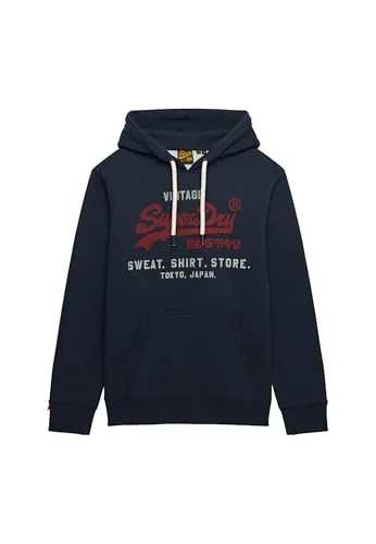 Superdry Herren Vintage Logo Heritage Hoodie in Marineblau Meliert - Kapuzenpullover für Herren, lässige Passform mit verstellbarem Kordelzug und luxuriösem, leicht angerautem Futter für optimalen Komfort und den beliebten Vintage-Look.