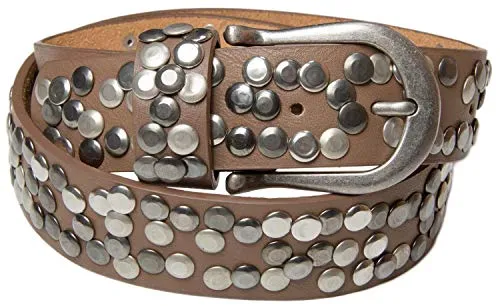 styleBREAKER Damen Nietengürtel mit Nieten, Kunstleder, Farbe Schlamm - Damen-Gürtel aus Kunstleder mit verschiedenen glänzenden Nieten, kürzbar und ideal für einen stylischen Vintage-Look.
