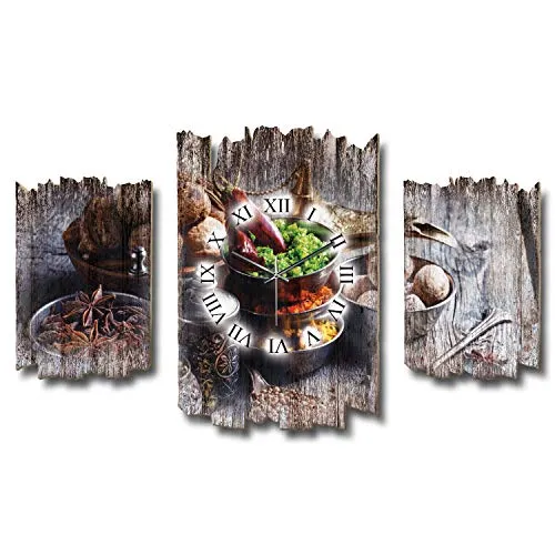 Kreative Feder Dreiteilige Designer-Wanduhr Gewürze Kräuter Shabby-Chic Landhaus-Stil leise Funkuhr ohne Ticken 95x60cm aus Holz (Gewürze, leises Funkuhrwerk)
