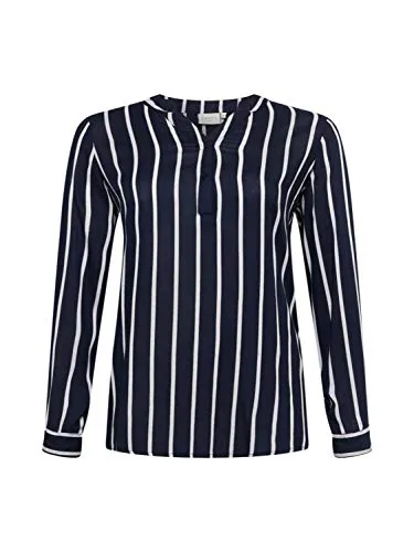KAFFE CURVE Langarm-Bluse KCsida Damen Bluse Langarm V Ausschnitt Casual Streifen Tunika Langarmshirt Große Größen Midnight/Chalk Stripe 48