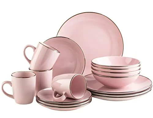 MÄSER Kombiservice METALLIC RIM Rosa, 16-teilig - Elegantes 16-teiliges Steinzeug Geschirrset in zartem Rosa mit metallisch schimmernder Umrandung, ideal für festliche Anlässe und den täglichen Einsatz. Spülmaschinen- und mikrowellengeeignet.