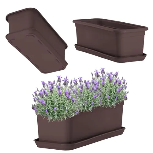 KADAX Blumenkasten 40 cm Braun mit Untersetzer – Balkonkasten aus Kunststoff, Pflanzkasten für Innen- und Außenbereiche, Blumentopf für Balkon, Terrasse, Fensterbank