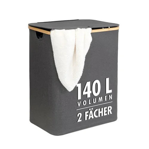 Wäschekorb 140 L mit Deckel - 2 Fächer Wäschesack aus Bambus - Wäschekorb mit 140 L Kapazität, 2 herausnehmbaren Wäschesäcken und modernem Design. Ideal für die ordentliche Wäscheorganisation in jedem Zuhause.