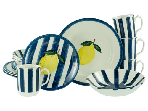 CreaTable Kombiservice 16-tlg. Summer Stripes Blau - Stylisches 16-teiliges Geschirrset für 4 Personen mit modernen Streifen und Obstmotiven. Spülmaschinen- und mikrowellengeeignet für langlebigen Genuss.