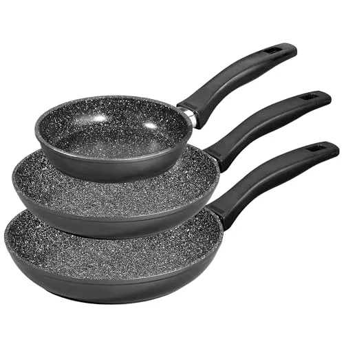 STONELINE Pfannenset 3-teilig, 16/20/24 cm - Pfannen für alle Herdarten, inklusive Induktion, mit einzigartiger Antihaftbeschichtung aus echten Steinpartikeln für fettfreies Braten und einfache Reinigung.
