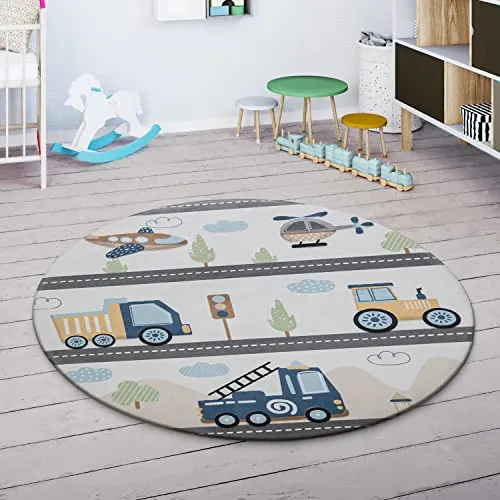 Paco Home Kinderteppich Teppich Rund Kinderzimmer Spielmatte Babymatte rutschfest Stern Mond Elefant Regenbogen, Grösse:Ø 120 cm Rund, Farbe:Bunt