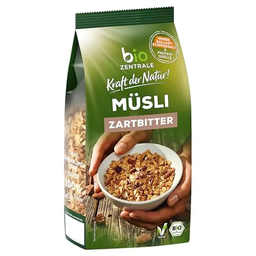 biozentrale Müsli Zartbitter | 5x500g | Mit Kakaonibs & Zartbitterschokolade | Knusprige Vollkornhaferflocken | Hoher Ballaststoffgehalt & Proteinquelle | Vegan | Ohne Rosinen | Recycelbare Verpackung