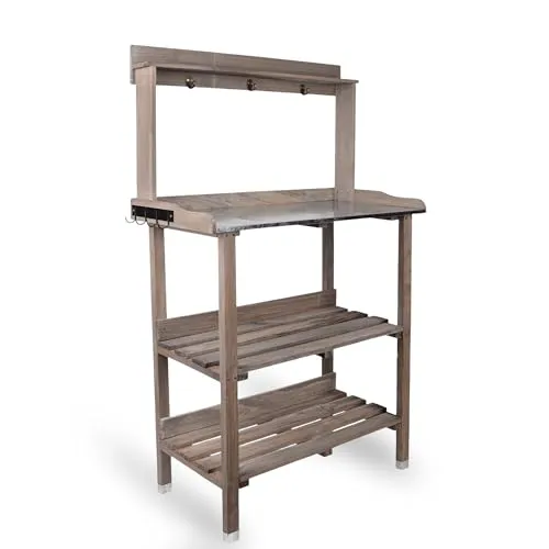 Holz Pflanztisch grau 76x38x91 cm - Pflanztisch aus grauem Massivholz mit verzinkter Arbeitsplatte, ideal für ergonomisches Arbeiten im Garten und bietet ausreichend Platz für Werkzeuge.