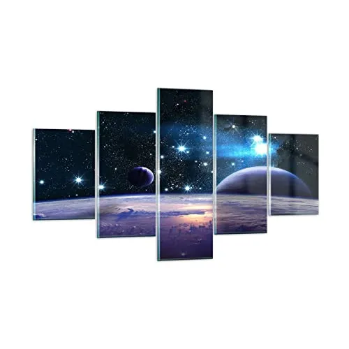 Mehrteilige Bilder auf Glas Kosmos Planet Glasbild 125x70cm Wandbilder Dekoration Wohnzimmer Schlafzimmer Küche Set 5 teilige Klein Wanddeko Bild im Glas Wand Kunstdruck Art Modern GEA125x70-3575
