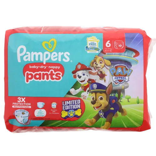 Pampers Baby Dry Nappy Pants Paw Patrol Edition Größe 6 - Windeln in Paw Patrol Design, mit kraftvollem Saugkern für bis zu 12 Stunden Auslaufschutz und einfachem Wechsel dank rundum dehnbarem Windelbund. Ideal für aktive Babys!