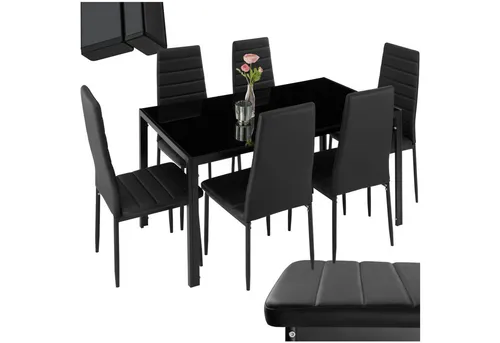 tectake Sitzgruppe Esszimmergruppe 7-tlg, Schwarz mit robuster Glasplatte - Sitzgruppen für den Innenbereich, elegante und pflegeleichte Esszimmergruppe mit stabiler Sicherheitsglas-Tischplatte und modernem Design, ideal für gesellige Runden.