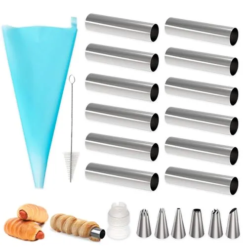 mizikuu 12 Stück Cannoli Backform, CannoliTubes aus Edelstahl Mit 9 Zubehör Schaumrollenform Antihaft Cannoli-Form Backform Hörnchen mit Reinigungsbürst für Cannoli Kuchen Sahnehorn