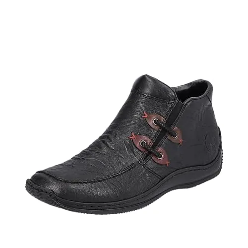 Rieker Damen Stiefelette L1787 - Schwarz mit Ziernähten - Wanderschuhe mit weichem Leder und rutschfester RIRICON-Sohle, ideal für kalte Tage – schnell an- und auszuziehen dank praktischem Reißverschluss.