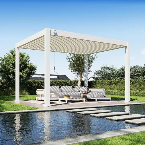 Deluxe Plus Aluminium-Pergola 3x4 m in Weiß - Stilvolle Aluminium-Pergola 3 x 4 Meter mit verstellbaren Lamellen für optimale Lichtregulierung. Wetterfest und langlebig, ideal für Terrassen und Gärten. Genießen Sie Ihr Outdoor-Erlebnis bei jedem Wetter!