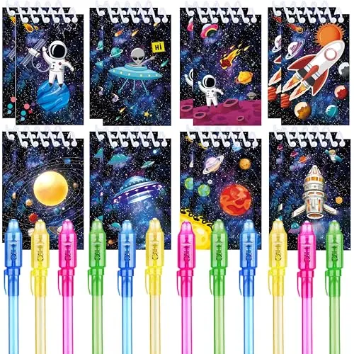 REAGAR Weltraum Party Geschenke, 12 UV unsichtbare Tinte Stift und 12 Weltraum Notizbuch, Weltraum Geburtstagsgeschenke für Kinder
