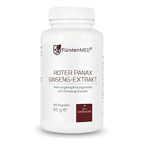 FürstenMED® 1800mg Echter Panax Ginseng Extrakt - 120 Kapseln - Hochdosiert mit 360mg Ginsenoside pro Tagesdosis - 120 Vegane Kapseln frei von unerwünschten Zusatzstoffen