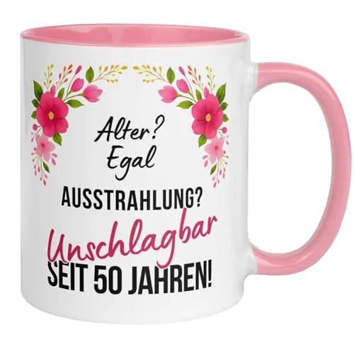 Geburtstag Frauen Geschenk Tasse | Alter? Egal. Ausstrahlung? Unschlagbar seit 50 Jahren! | Lustige Geschenk Geburtstagstasse Spruch 50. Geburtstag | 50ter Geburtstag - Geburtstagsgeschenk Frau 50