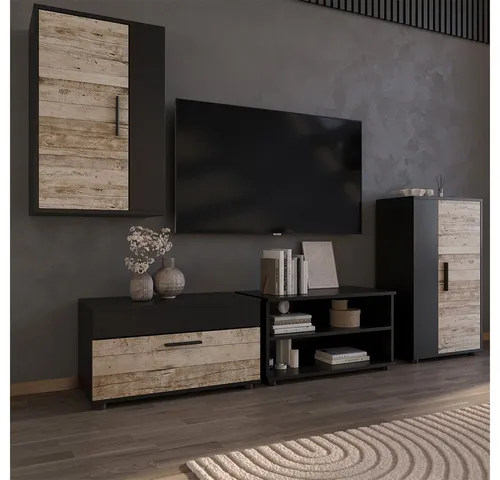Vicco Wohnwand Berno, Schwarz/Sandeiche - Stilvolles Design mit praktischem Stauraum - Wohnwände für eleganten Wohnraum, bieten durch Klapptür und offene Kommode optimalen Stauraum und schaffen eine angenehme Atmosphäre.