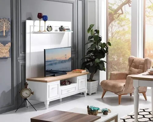 Moderne Wohnwand für Fernseher - Weißes Sideboard mit Regalen - Stilvolle Wohnwand in Weiß, ideal für das Wohnzimmer. Mit 2 Regalfächern und 1 Schublade bietet sie viel Stauraum und setzt Akzente im modernen Wohnstil. Maße: 148 x 50 x 169 cm.