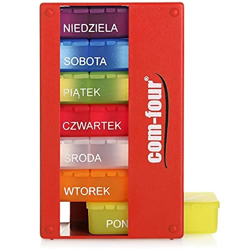 COM-FOUR® Medikamentendosierer auf POLNISCH - Medikamenten-Box für 7 Tage - 3 Fächer - Pillendose - Pillenbox - Tablettenbox - Wochendosierer zur Aufbewahrung [POLNISCH] (Rot)