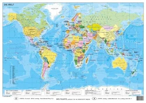 Die Welt politisch Wandkarte Poster - Detaillierte politische Weltkarte im Posterformat, ideal für Bildung und Dekoration in Wohnräumen oder Büros.
