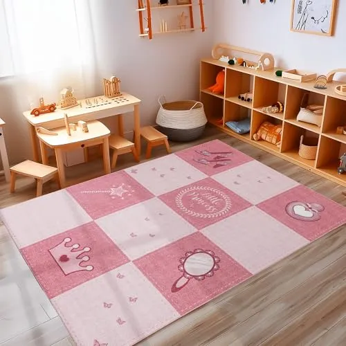 Carpettex Kurzflor Kinderteppich Mädchen und Jungen 80 x 120 cm Pink - Prinzessin Design Teppich Extra Weich und Antiallergen - Waschbarer Teppich für Kinderzimmer, Babyzimmer und Spielzimmer