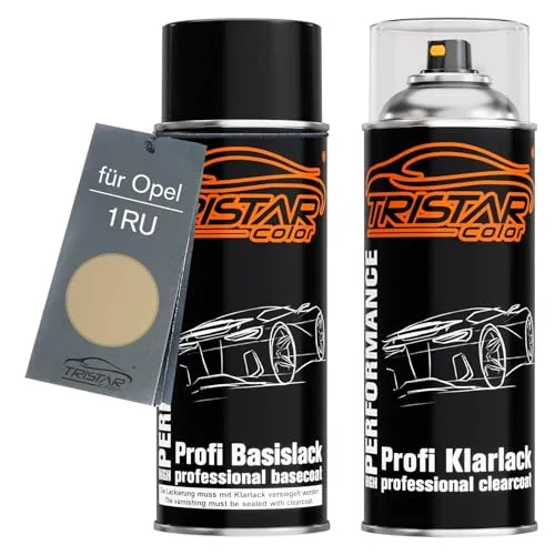 TRISTARcolor Autolack Spraydosen Set für Opel 1RU Pannacotta Metallic/Perlgrau Metallic Basislack Klarlack Sprühdose 400ml
