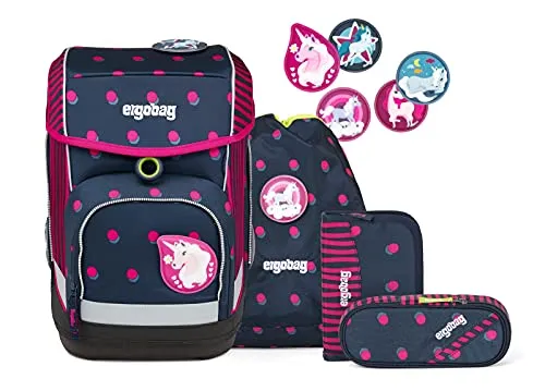 ergobag cubo Set - ergonomischer Schulrucksack Schubi DuBär - Blau - Schulranzen Set 5-teilig mit ergonomischem Hüftgurt und reflektierenden Materialien für Sicherheit und Komfort. Ideal für umweltbewusste Kinder, aus 100% recycelten PET-Flaschen.