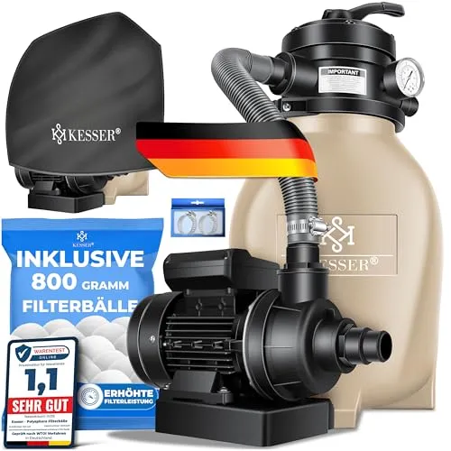 KESSER Sandfilteranlage mit 800g Filterbällen - Die KESSER Sandfilteranlage ist Ihr zuverlässiger Partner für sauberes Poolwasser. Mit 800g Filterbällen, die 25kg Filtersand ersetzen, und einer starken Pumpe von 10.200 l/h sorgt sie für effiziente Wasserreinigung.