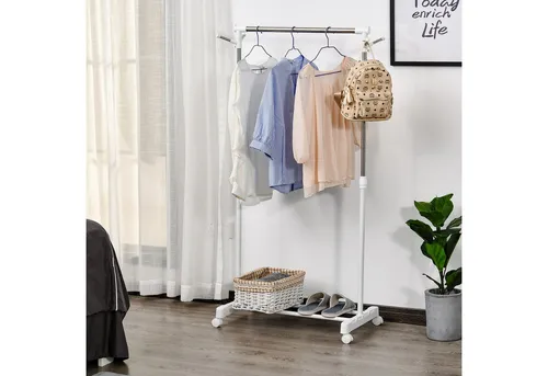 HOMCOM Höhenverstellbarer Kleiderständer - Kleiderständer aus Metall mit praktischen Haken und Regal, ideal für Schlafzimmer und Waschküche. Höhenverstellbar und mobil mit 4 Rädern für flexiblen Einsatz.
