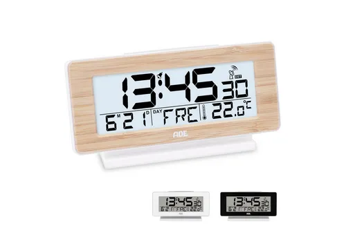 ADE Funkwecker digital mit Bambus-Design - Tischuhr mit Temperaturanzeige und Kalender, funkbetrieben mit automatischer Zeitumstellung und großem, gut lesbarem LCD-Display. Modernes Design aus echtem Bambus.