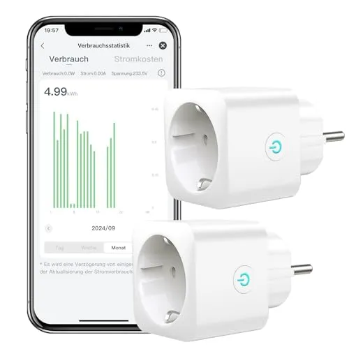 EIGHTREE Smart WLAN Steckdose Mit Strommessung, 16A WiFi Alexa Zubehör, Zeitplan, Fernzugriff, Kompatibel Mit Google Home, SmartThings, 2er Pack