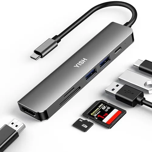 YISH USB C Hub 6-in-1 Multiport Adapter mit USB C PD100W, 4K HDMI, 2 x USB A, SD/TF Kartenleser für MacBook Pro, Air, Dell XPS, Lenovo Thinkpad, HP Laptops usw.
