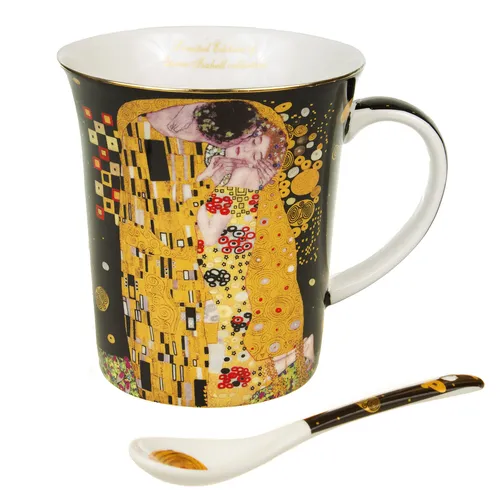 Kaffe & Tee Becher Set 'Der Kuss' von Klimt - Elegantes Porzellan Kaffeebecher Set mit Löffel, ideal für Heißgetränke. Perfekt als Geschenkidee für Kunstliebhaber und besondere Anlässe.